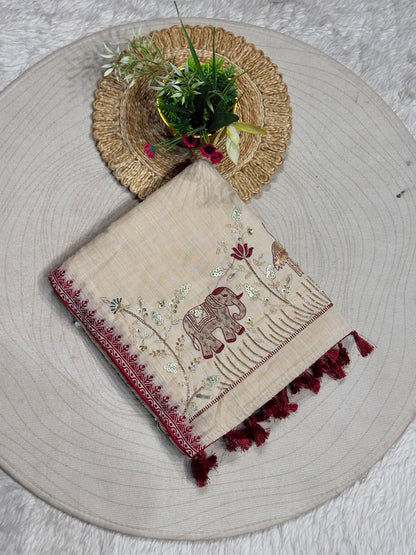SHAGUN FASHION Designer Beige Silk Saree with Elephant & Peacock Embroidery Handwork
