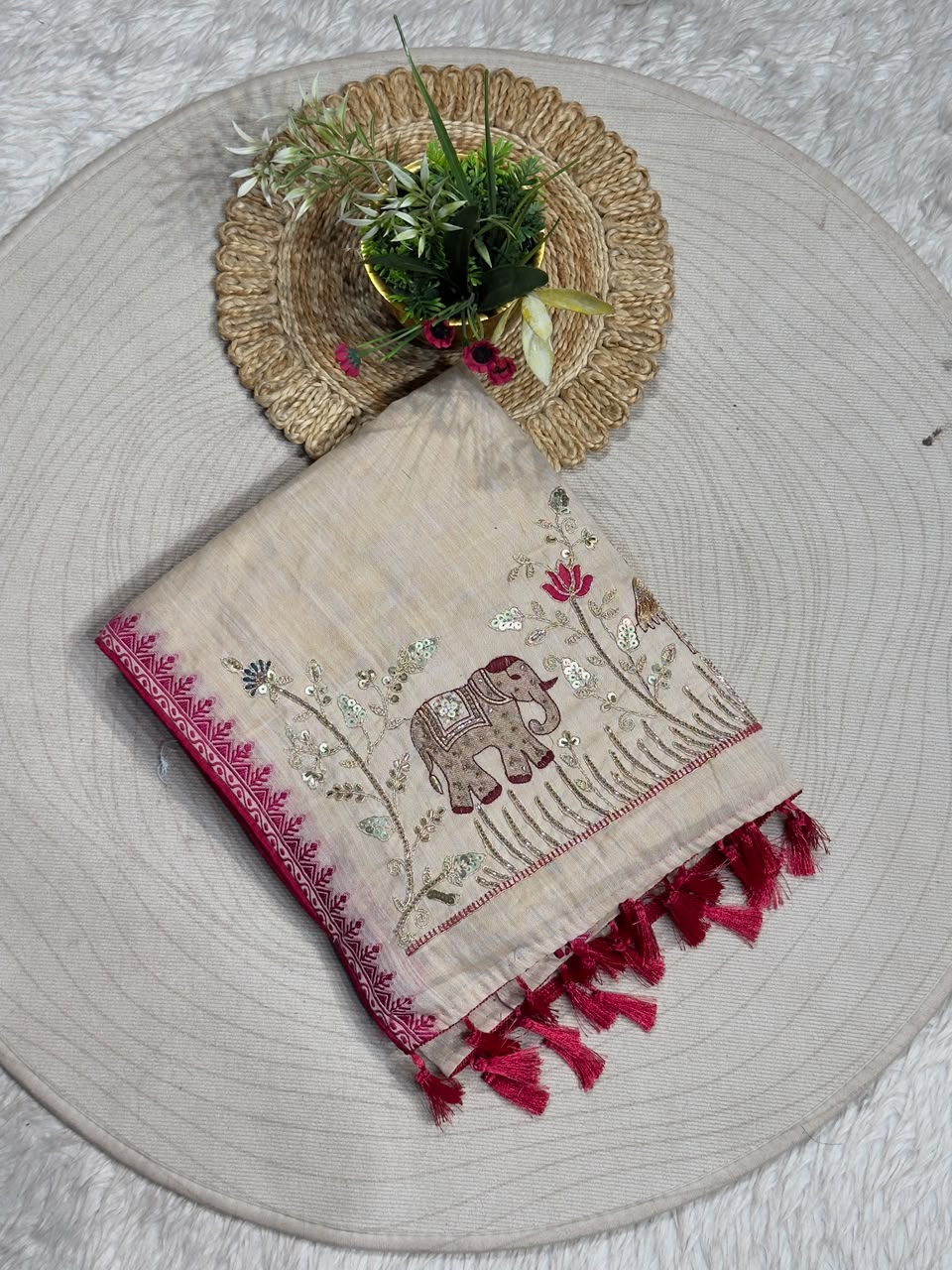 SHAGUN FASHION Designer Beige Silk Saree with Elephant & Peacock Embroidery Handwork