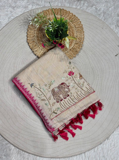 SHAGUN FASHION Designer Beige Silk Saree with Elephant & Peacock Embroidery Handwork