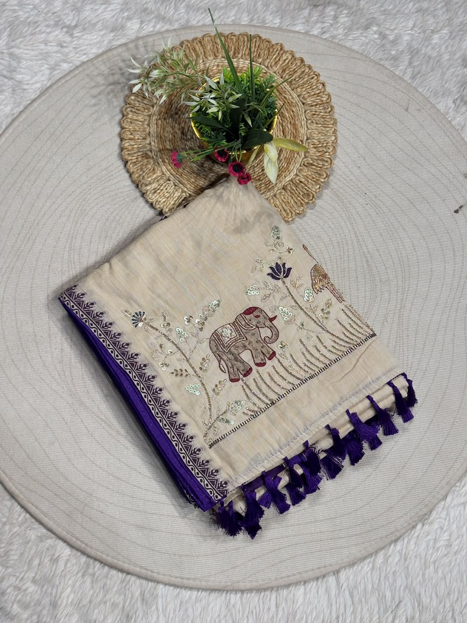 SHAGUN FASHION Designer Beige Silk Saree with Elephant & Peacock Embroidery Handwork