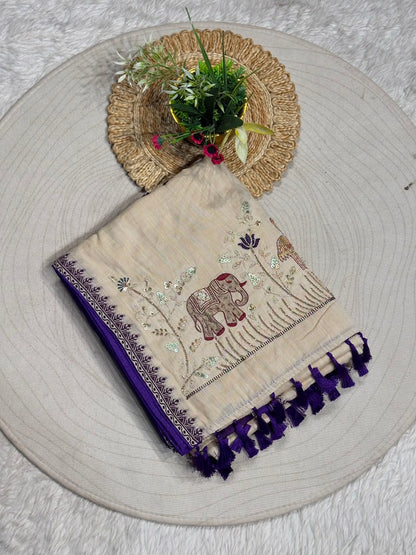SHAGUN FASHION Designer Beige Silk Saree with Elephant & Peacock Embroidery Handwork