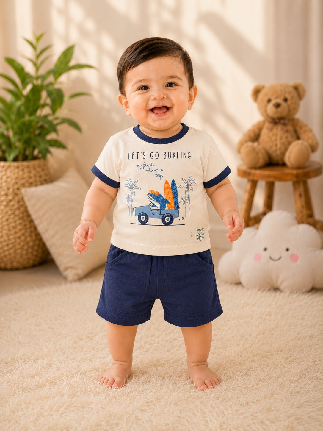 SHAGUN FASHION Cute Baby Boy Surfing Print T-Shirt & Shorts Set
