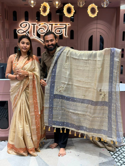 SHAGUN FASHION Premium Linen Cotton Saree with Traditional Geometric Motif Border, Mirror Work & Tassel Pallu
