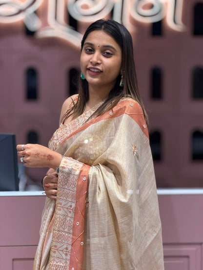 SHAGUN FASHION Premium Linen Cotton Saree with Traditional Geometric Motif Border, Mirror Work & Tassel Pallu