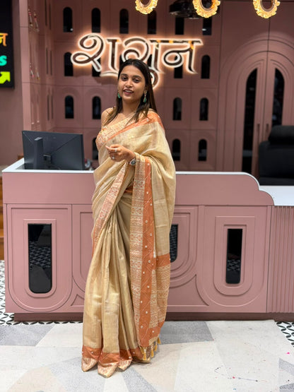 SHAGUN FASHION Premium Linen Cotton Saree with Traditional Geometric Motif Border, Mirror Work & Tassel Pallu