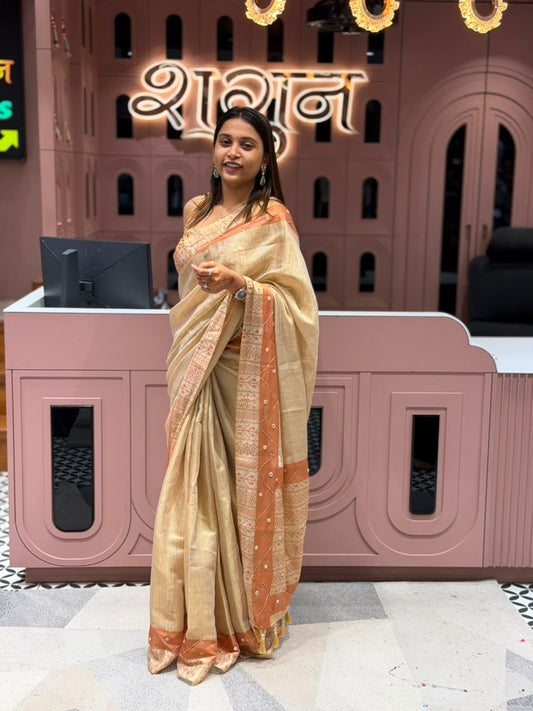 SHAGUN FASHION Premium Linen Cotton Saree with Traditional Geometric Motif Border, Mirror Work & Tassel Pallu