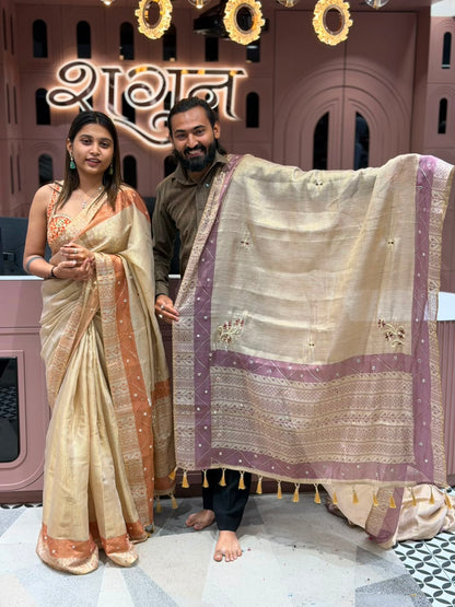 SHAGUN FASHION Premium Linen Cotton Saree with Traditional Geometric Motif Border, Mirror Work & Tassel Pallu