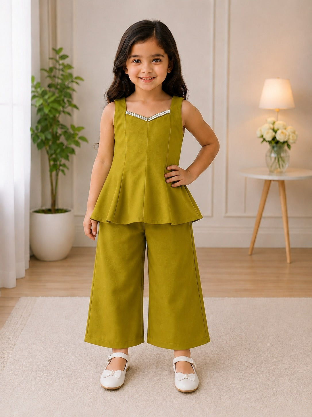 SHAGUN FASHION Girls Stylish Indo-Western Peplum Top & Wide Leg Palazzo Co-Ord Set