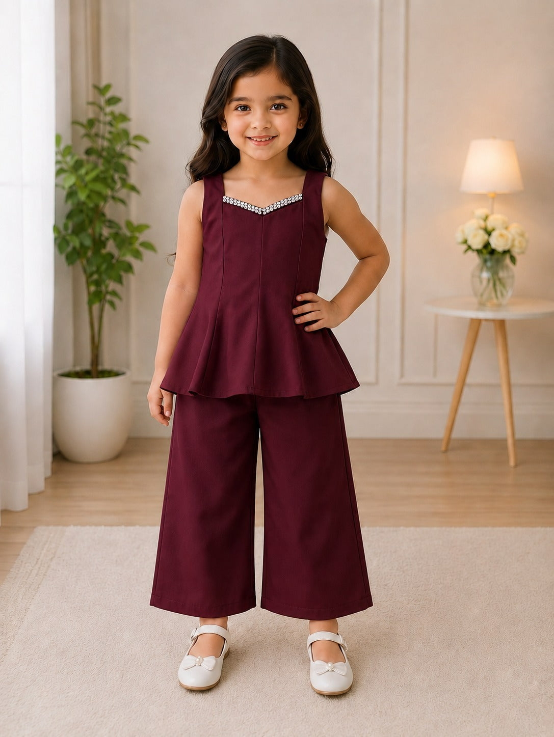 SHAGUN FASHION Girls Stylish Indo-Western Peplum Top & Wide Leg Palazzo Co-Ord Set