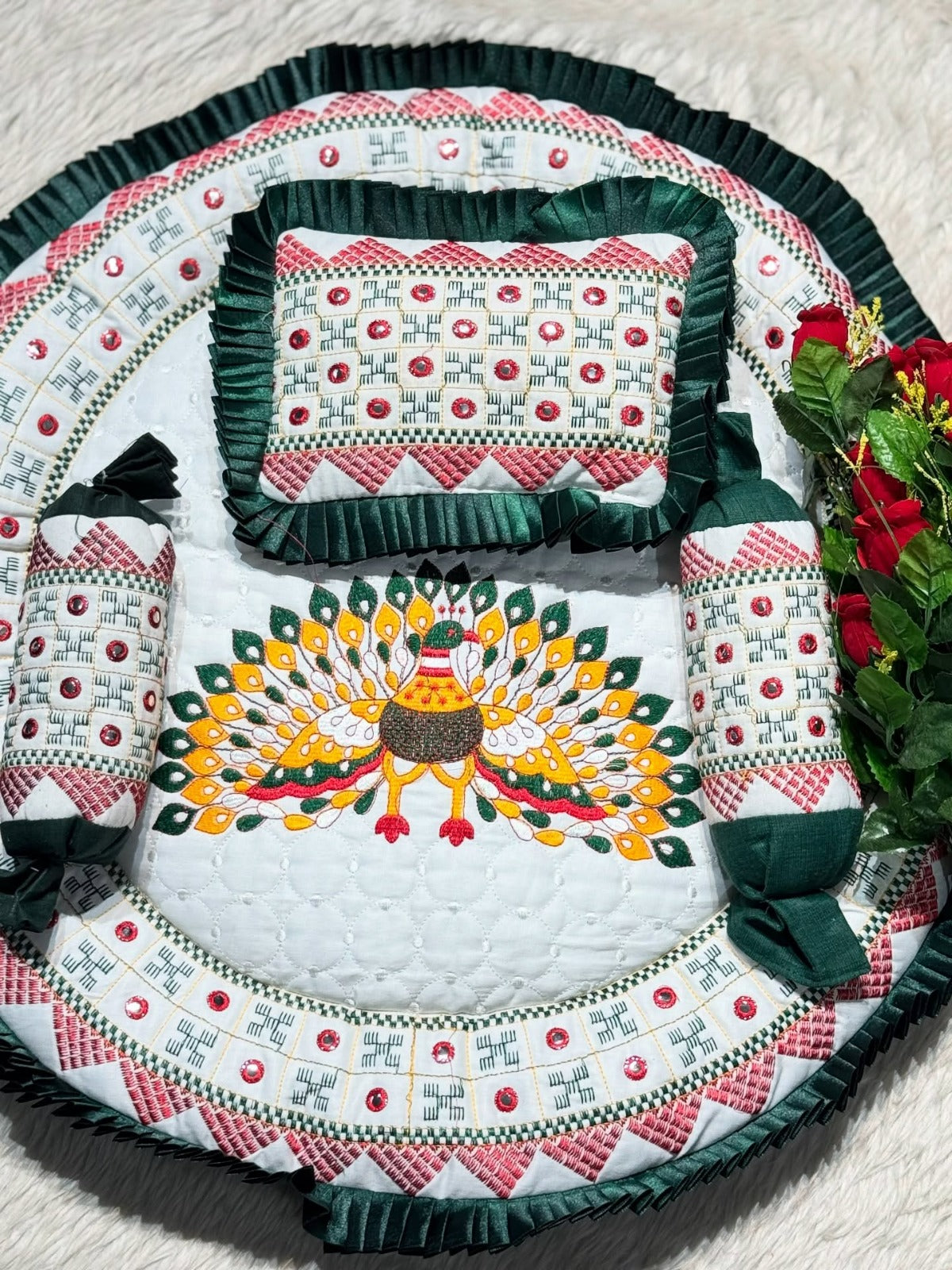 SHAGUN FASHION Premium Peacock Embroidery Laddu Gopal Ji Designer Bedding Set with Pillow & Masand Bolsters
