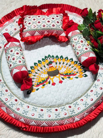 SHAGUN FASHION Premium Peacock Embroidery Laddu Gopal Ji Designer Bedding Set with Pillow & Masand Bolsters