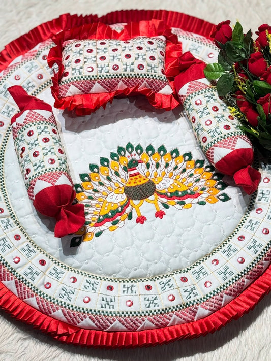 SHAGUN FASHION Premium Peacock Embroidery Laddu Gopal Ji Designer Bedding Set with Pillow & Masand Bolsters