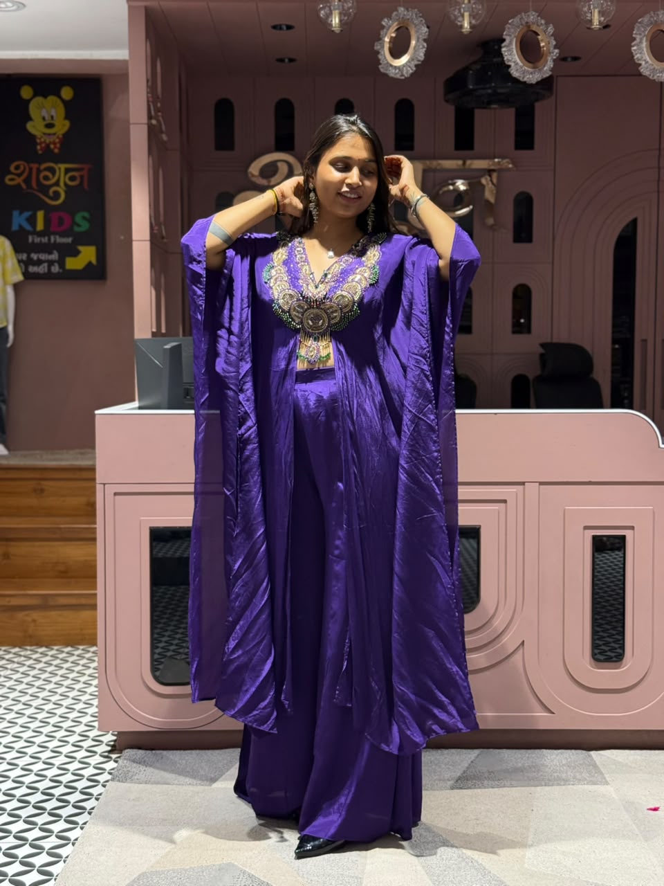 SHAGUN FASHION Designer Heavy Hand Embroidered Silk Kaftan Co-Ord Set