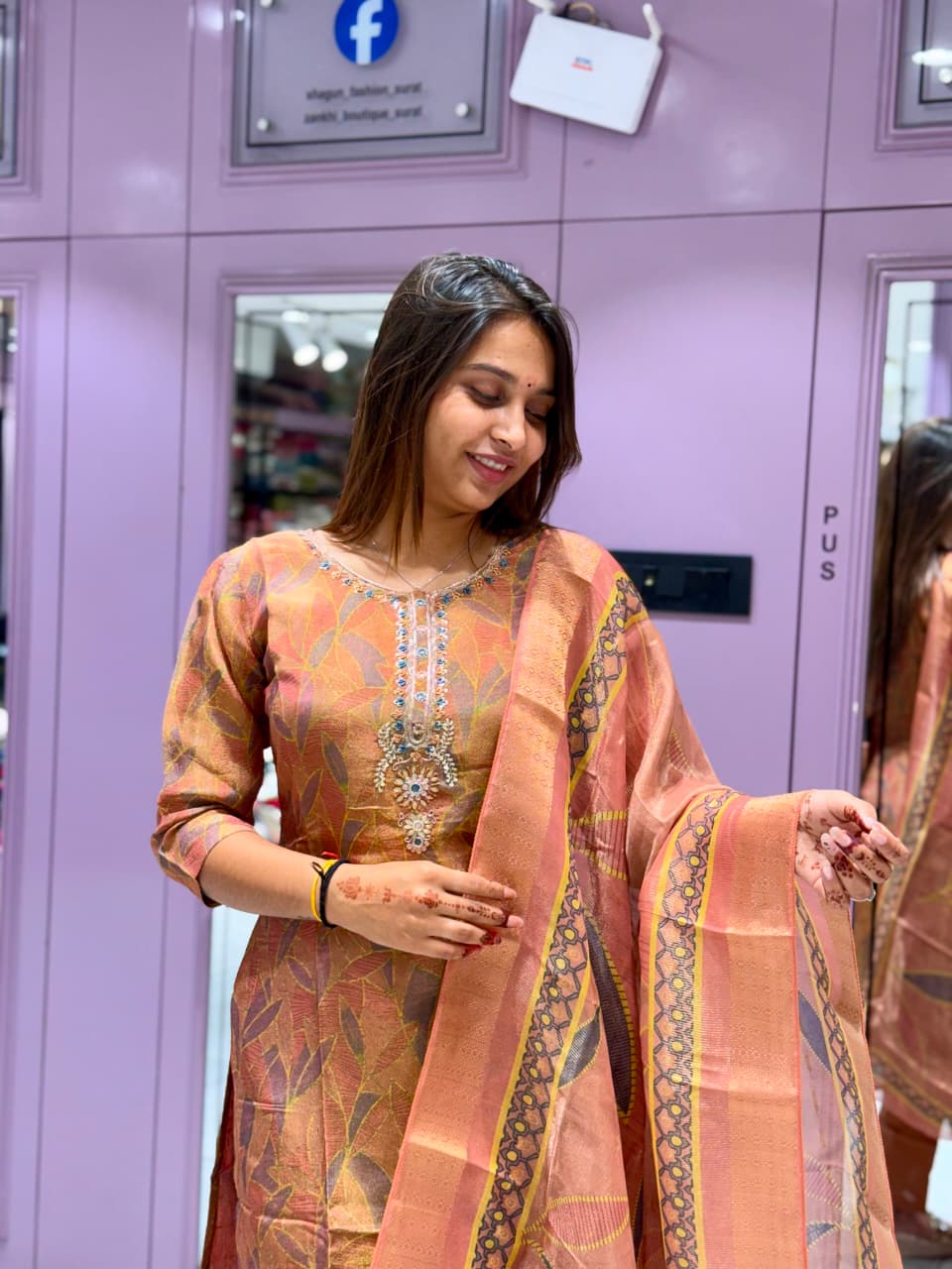 SHAGUN FASHION – Peach & Gold Leaf Printed Chanderi Silk Suit Set with Fancy Neckwork & Matching Dupatta