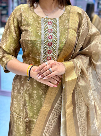 SHAGUN FASHION Premium Olive Gold All-Over Print Kurti Set with Heavy Handcrafted Yoke & Organza Tissue Dupatta