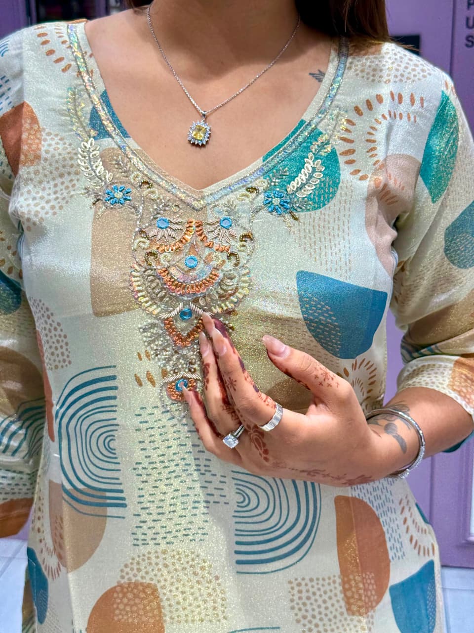 SHAGUN FASHION Elegant Printed Kurti Set with Handwork Neckline & Zari Border Dupatta