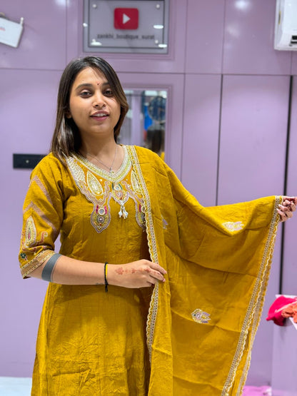 SHAGUN FASHION Mustard Yellow Anarkali Kurti Set with Dupatta & Pants | Heavy Neckline Embroidery