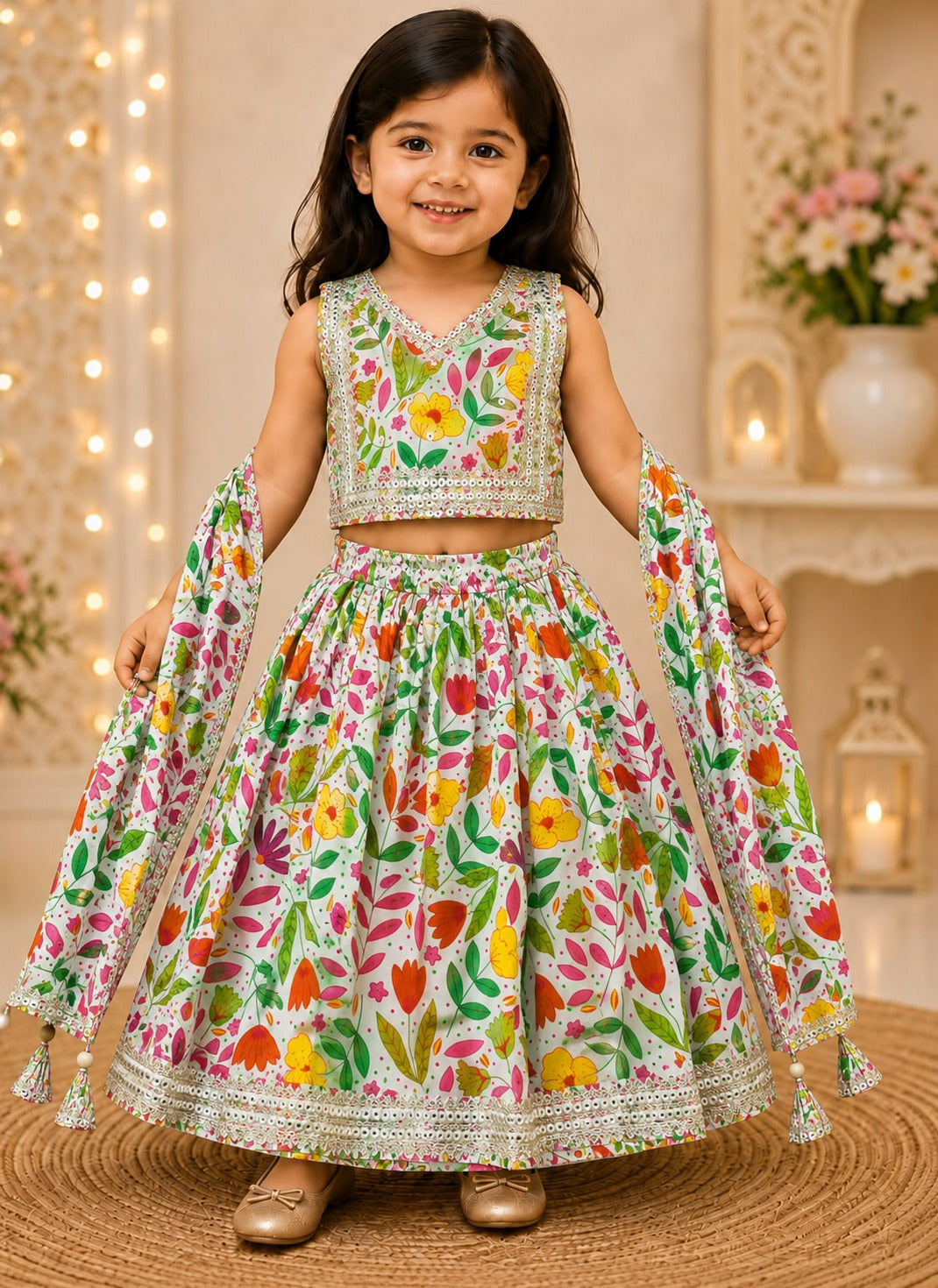 SHAGUN FASHION Kids Floral Print Pure Cotton Lehenga Choli Set with Dupatta