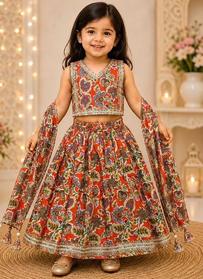 SHAGUN FASHION Kids Floral Print Pure Cotton Lehenga Choli Set with Dupatta
