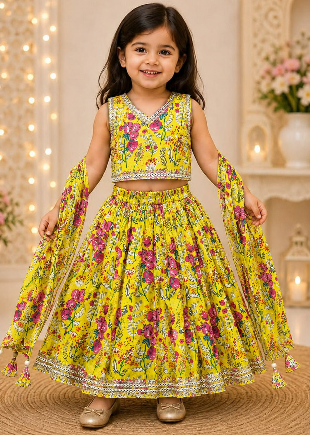 SHAGUN FASHION Kids Floral Print Pure Cotton Lehenga Choli Set with Dupatta
