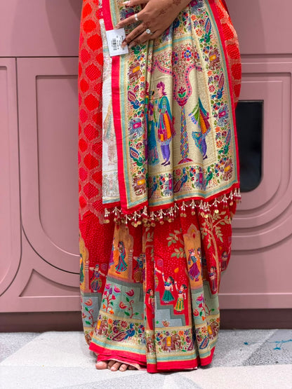 SHAGUN FASHION Designer Traditional Bandhani & Cultural Motif Saree with Heavy Embroidered Blouse