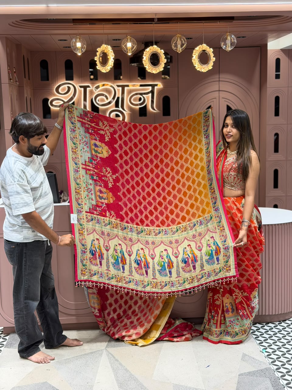 SHAGUN FASHION Designer Traditional Bandhani & Cultural Motif Saree with Heavy Embroidered Blouse