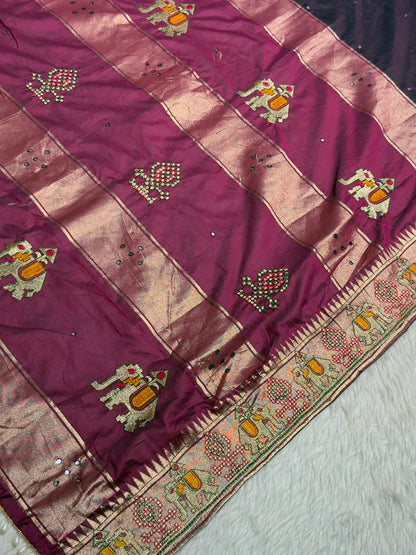 SHAGUN FASHION Luxuria Silk Saree with Elephant Embroidery & Zari Border