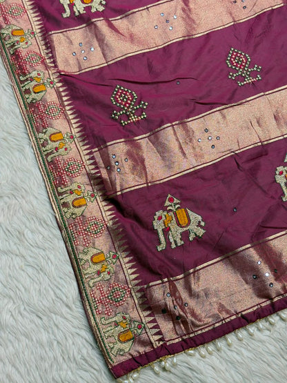 SHAGUN FASHION Luxuria Silk Saree with Elephant Embroidery & Zari Border