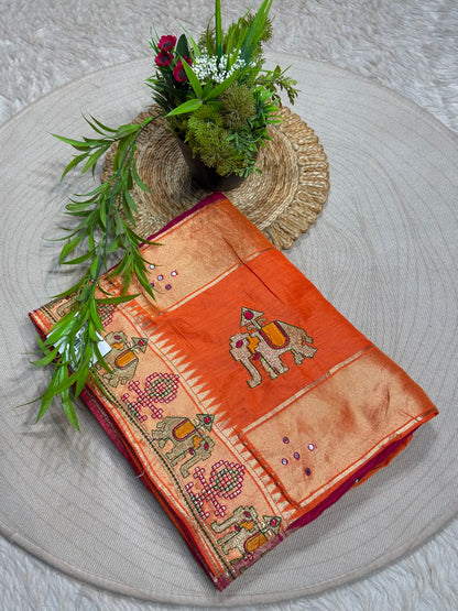 SHAGUN FASHION Luxuria Silk Saree with Elephant Embroidery & Zari Border