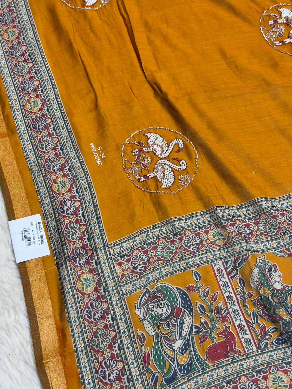 SHAGUN FASHION Premium Kalamkari & Pearl Work Saree with Swan Handwork Patch | Exclusive Ethnic Saree for zankhi.in