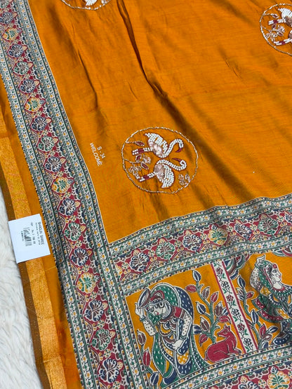 SHAGUN FASHION Premium Kalamkari & Pearl Work Saree with Swan Handwork Patch | Exclusive Ethnic Saree for zankhi.in