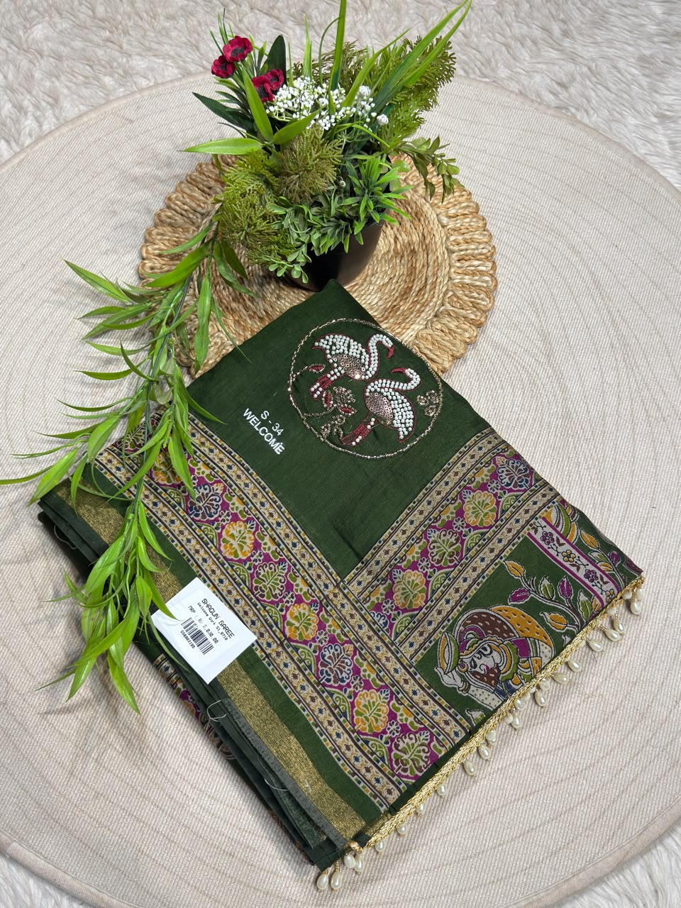 SHAGUN FASHION Premium Kalamkari & Pearl Work Saree with Swan Handwork Patch | Exclusive Ethnic Saree for zankhi.in
