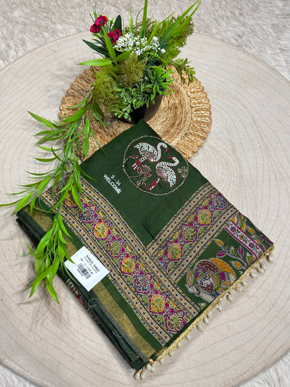 SHAGUN FASHION Premium Kalamkari & Pearl Work Saree with Swan Handwork Patch | Exclusive Ethnic Saree for zankhi.in