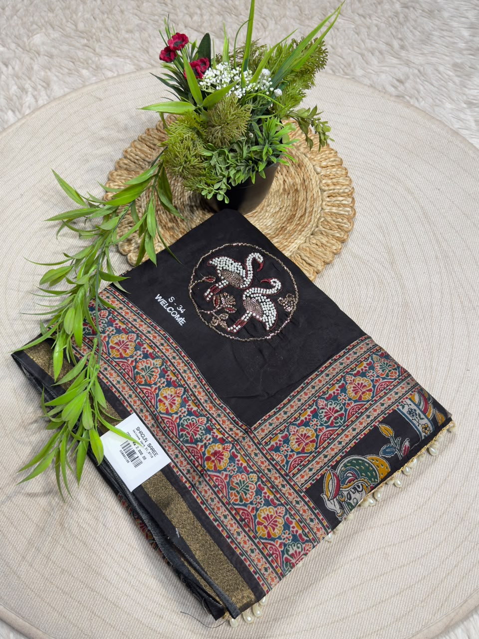 SHAGUN FASHION Premium Kalamkari & Pearl Work Saree with Swan Handwork Patch | Exclusive Ethnic Saree for zankhi.in