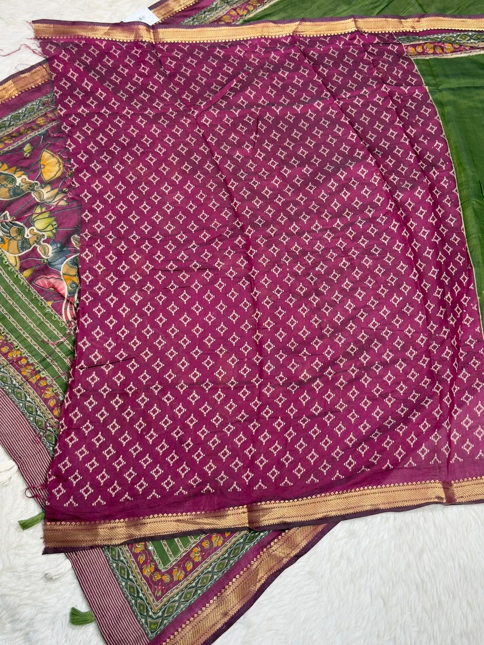 SHAGUN FASHION Traditional Art Silk Saree with Mirror Work, Kalamkari Lotus Pallu & Zari Border