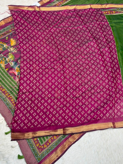 SHAGUN FASHION Traditional Art Silk Saree with Mirror Work, Kalamkari Lotus Pallu & Zari Border
