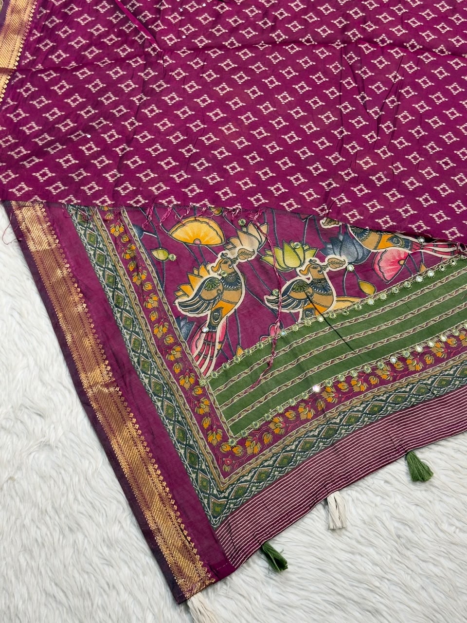 SHAGUN FASHION Traditional Art Silk Saree with Mirror Work, Kalamkari Lotus Pallu & Zari Border