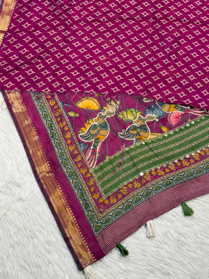 SHAGUN FASHION Traditional Art Silk Saree with Mirror Work, Kalamkari Lotus Pallu & Zari Border