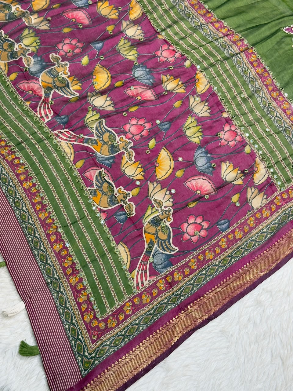 SHAGUN FASHION Traditional Art Silk Saree with Mirror Work, Kalamkari Lotus Pallu & Zari Border