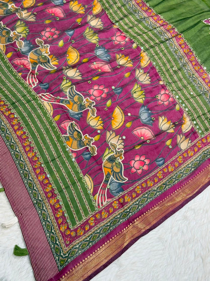 SHAGUN FASHION Traditional Art Silk Saree with Mirror Work, Kalamkari Lotus Pallu & Zari Border