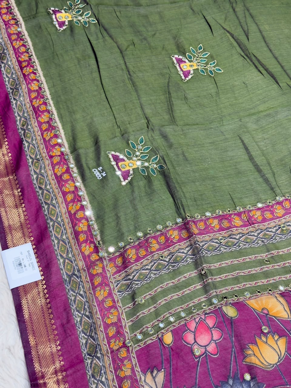 SHAGUN FASHION Traditional Art Silk Saree with Mirror Work, Kalamkari Lotus Pallu & Zari Border