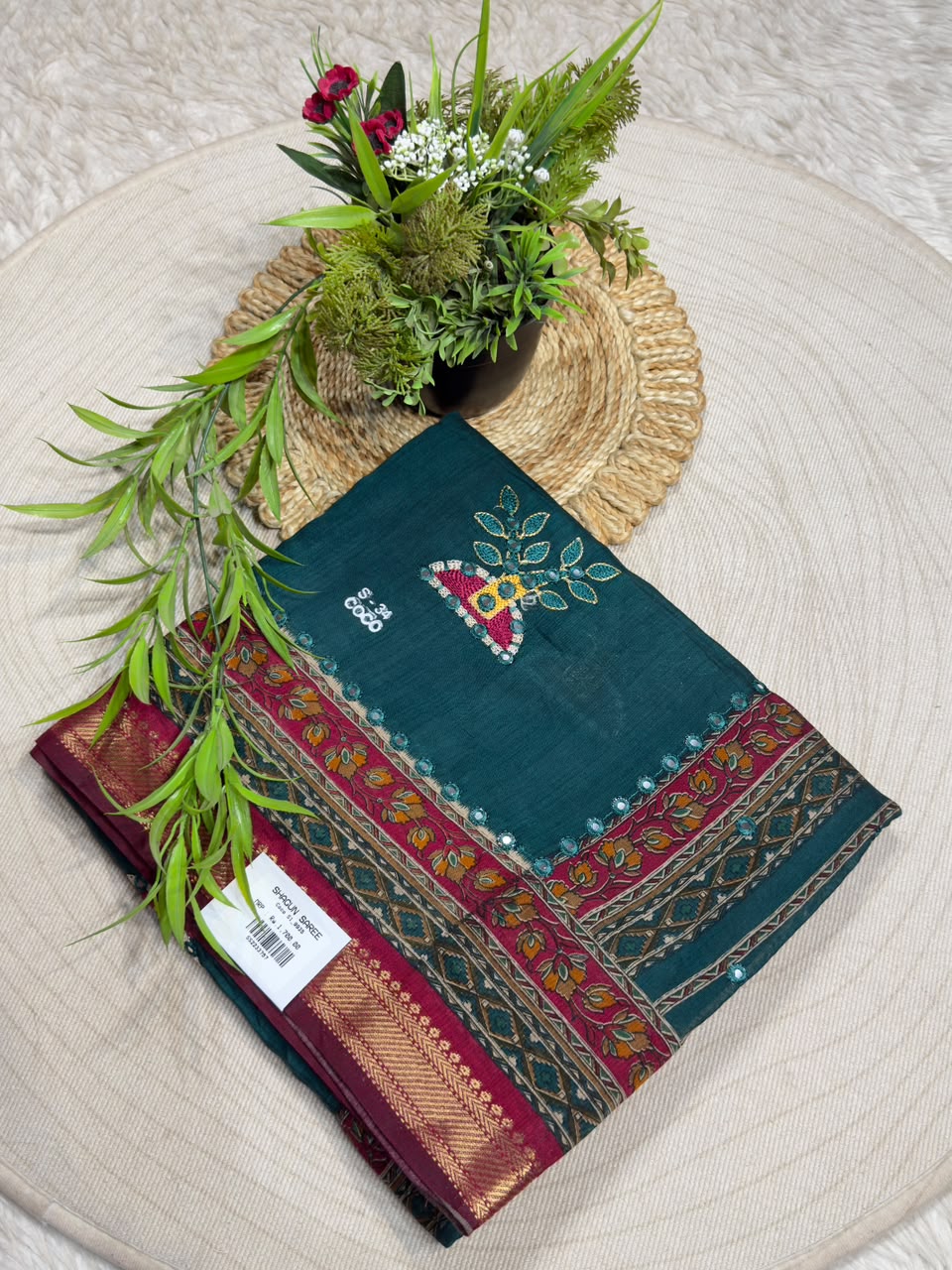 SHAGUN FASHION Traditional Art Silk Saree with Mirror Work, Kalamkari Lotus Pallu & Zari Border