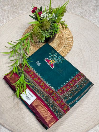 SHAGUN FASHION Traditional Art Silk Saree with Mirror Work, Kalamkari Lotus Pallu & Zari Border