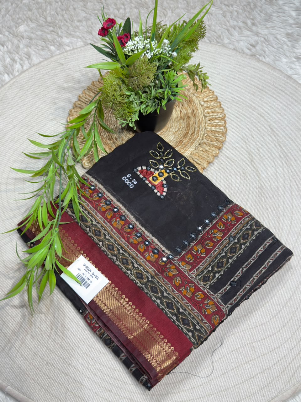 SHAGUN FASHION Traditional Art Silk Saree with Mirror Work, Kalamkari Lotus Pallu & Zari Border