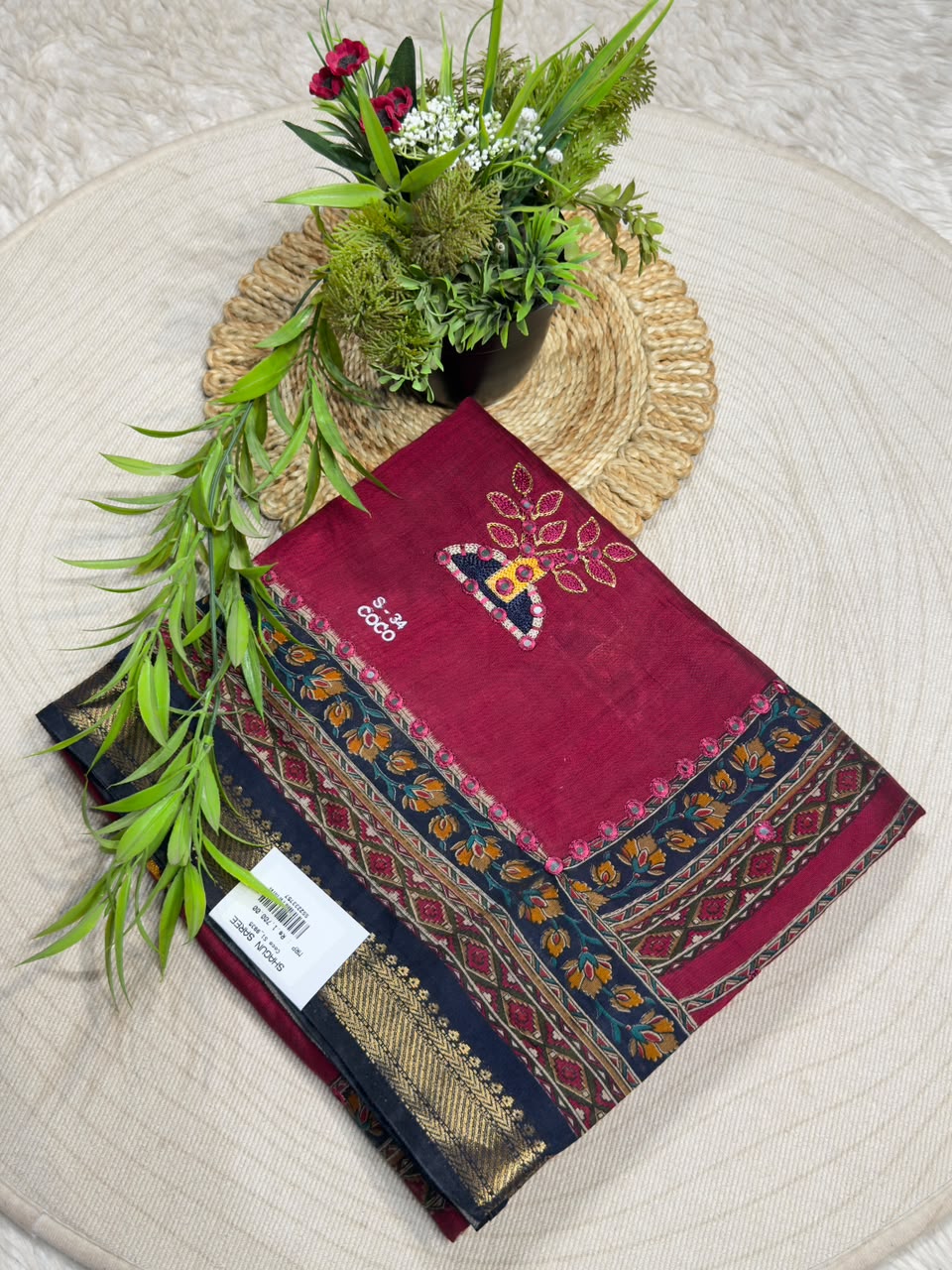 SHAGUN FASHION Traditional Art Silk Saree with Mirror Work, Kalamkari Lotus Pallu & Zari Border