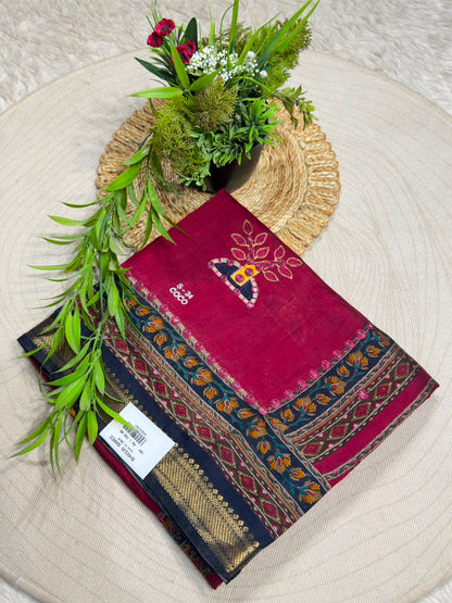 SHAGUN FASHION Traditional Art Silk Saree with Mirror Work, Kalamkari Lotus Pallu & Zari Border