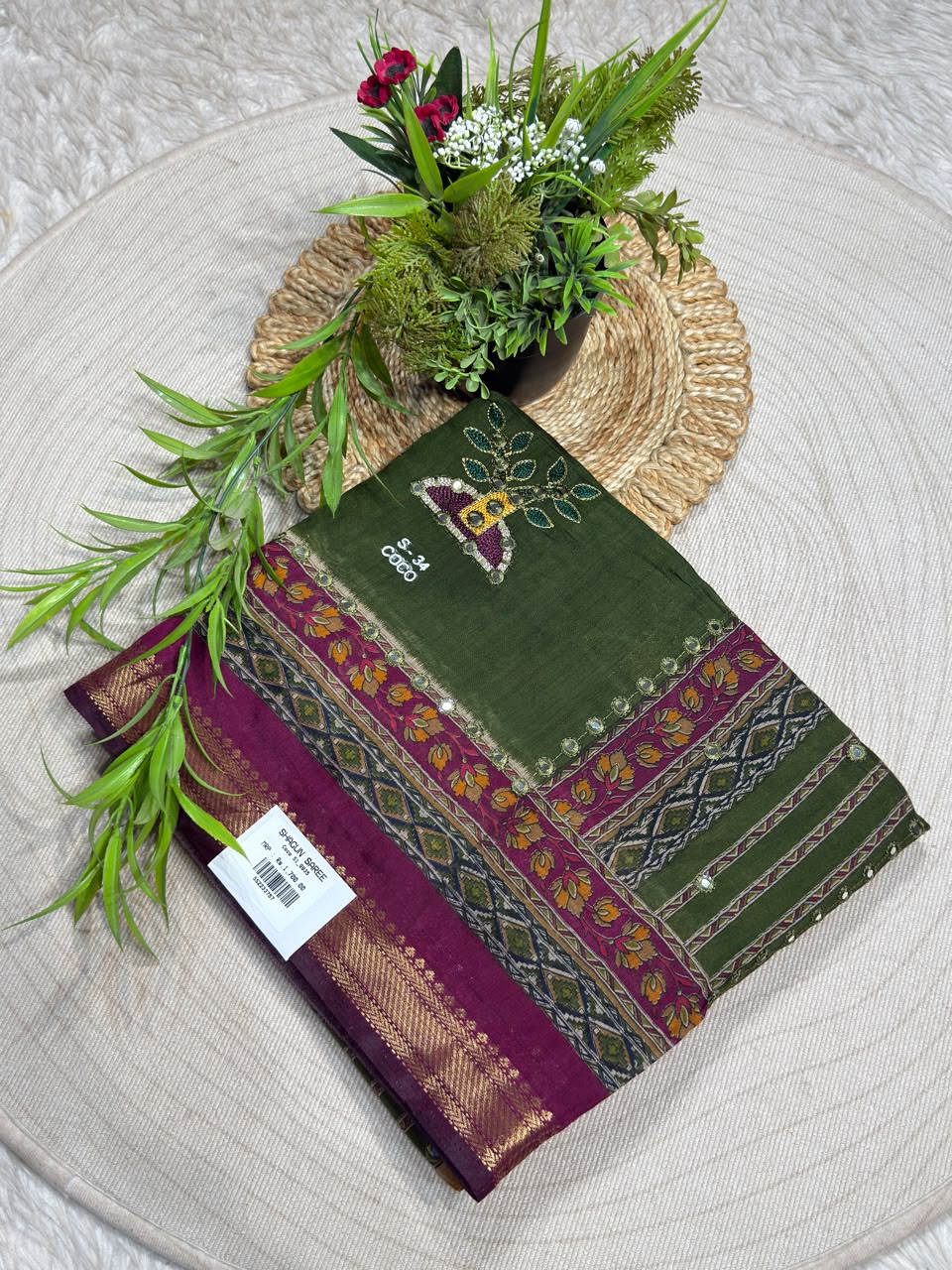 SHAGUN FASHION Traditional Art Silk Saree with Mirror Work, Kalamkari Lotus Pallu & Zari Border
