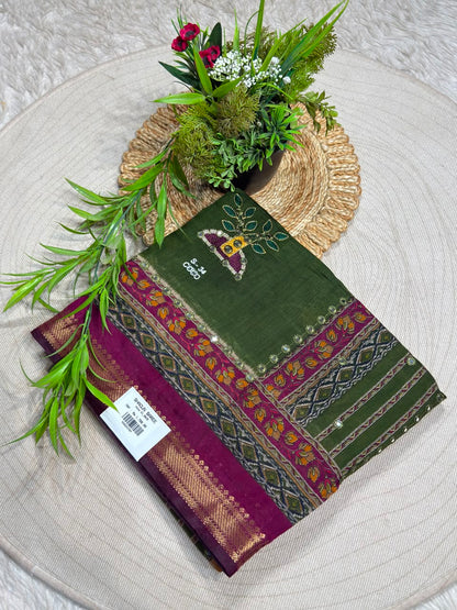 SHAGUN FASHION Traditional Art Silk Saree with Mirror Work, Kalamkari Lotus Pallu & Zari Border