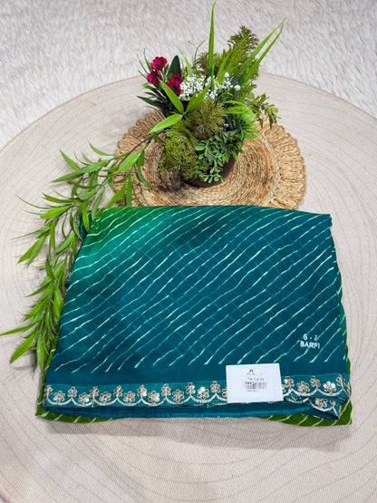 SHAGUN FASHION Dual-Shade Leheriya Georgette Saree with Embroidered Floral Cutwork Border