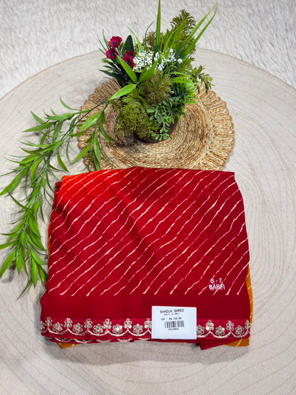 SHAGUN FASHION Dual-Shade Leheriya Georgette Saree with Embroidered Floral Cutwork Border